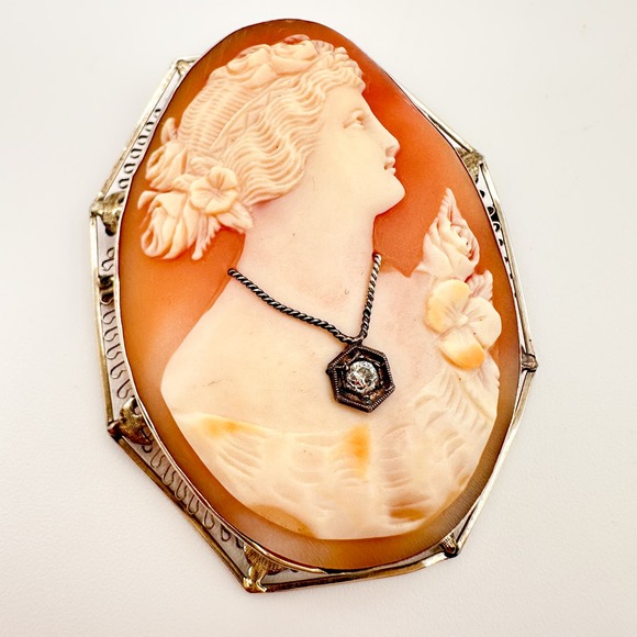 Antique Hand Carved Shell Cameo Habillé Brooch/Pendant 14k/10k Filigree Diamond - Picture 13 of 13